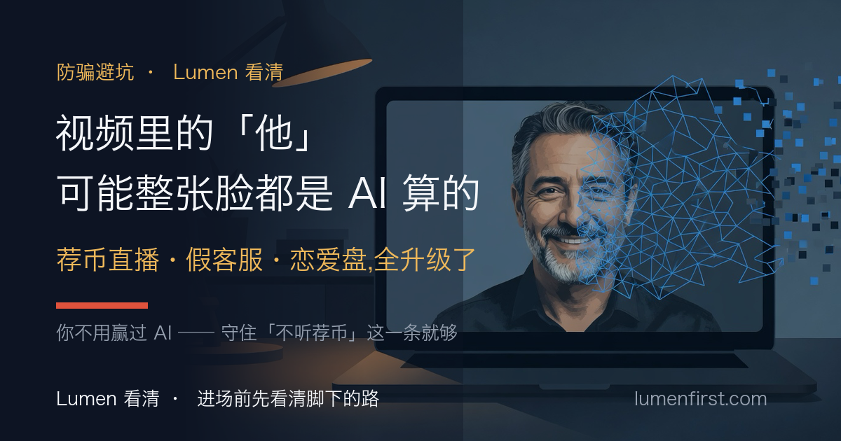 屏幕上的人脸正在被数字网格拆解重组,暗示 AI 换脸与深度伪造,旁边是币圈直播与转账界面的危险提示